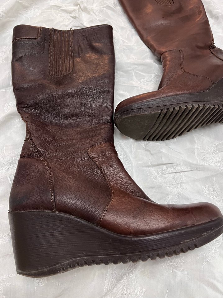 Vintage Y2K Deri Kadın Dolgu Topuklu Diz Boyu çizme - Görsel 4