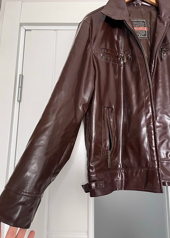 Vintage Y2K hakiki Kahverengi Deri Biker Ceket - Görsel 4