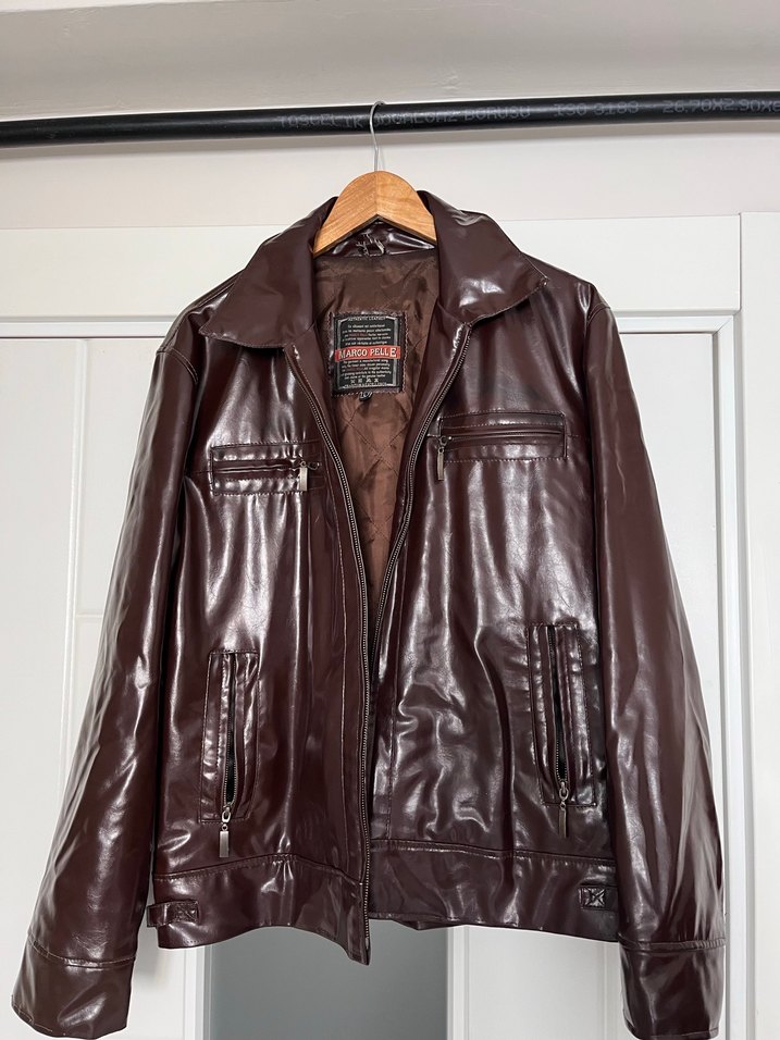 Vintage Y2K hakiki Kahverengi Deri Biker Ceket - Görsel 2