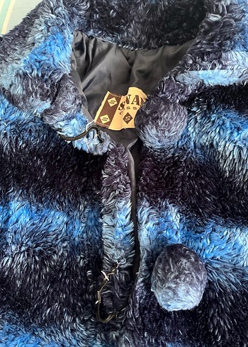 Vintage Mavi Tie-Dye Desenli Kadın Kürk Mont - Görsel 4