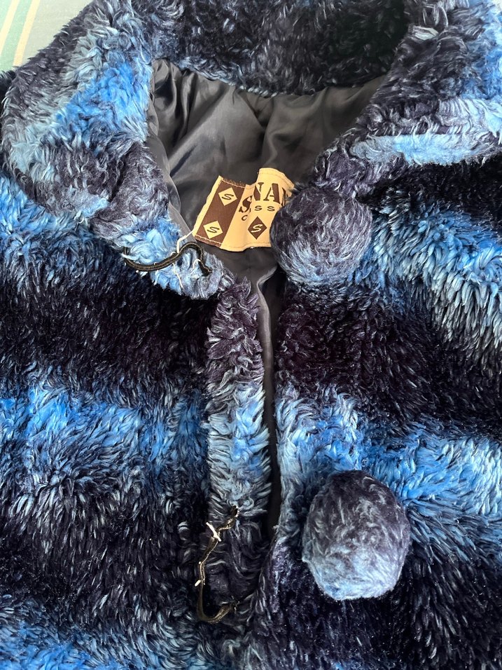 Vintage Mavi Tie-Dye Desenli Kadın Kürk Mont - Görsel 4