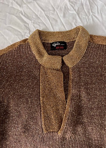 Vintage Kahverengi simli kısa kol Kadın Kazak - Görsel 4