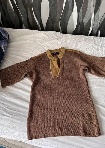 Vintage Kahverengi simli kısa kol Kadın Kazak - Görsel 2
