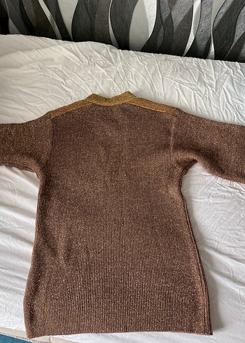Vintage Kahverengi simli kısa kol Kadın Kazak - Görsel 6