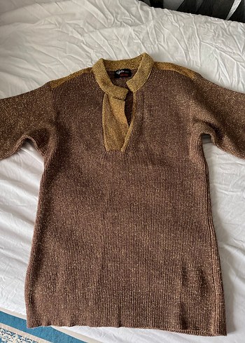 Vintage Kahverengi simli kısa kol Kadın Kazak - Görsel 3