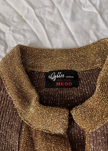 Vintage Kahverengi simli kısa kol Kadın Kazak - Görsel 7