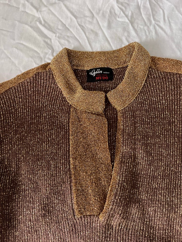 Vintage Kahverengi simli kısa kol Kadın Kazak - Görsel 4