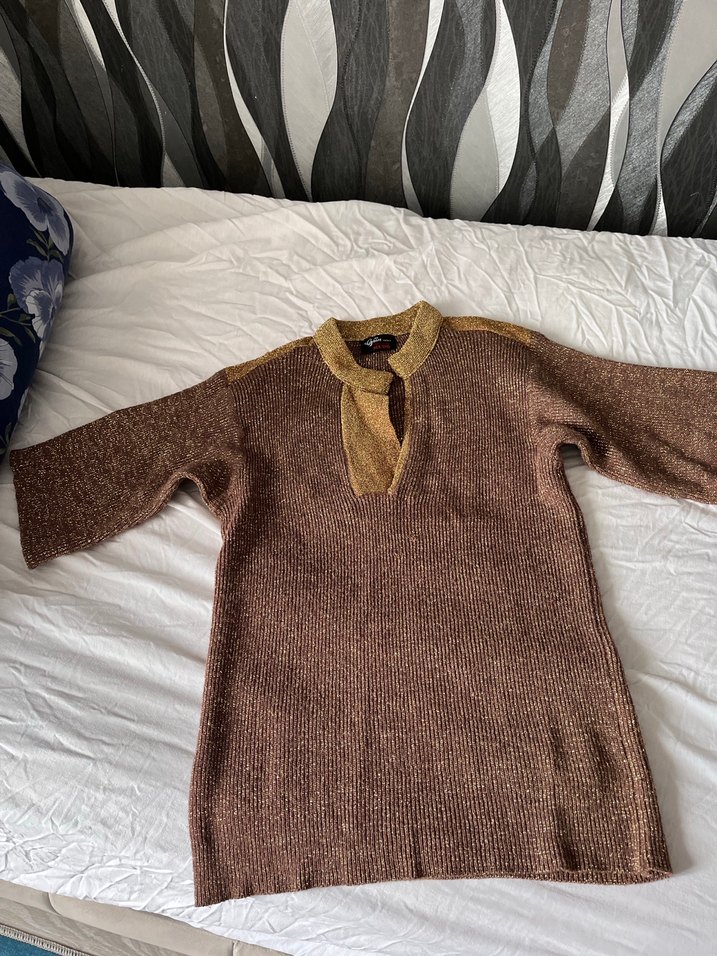 Vintage Kahverengi simli kısa kol Kadın Kazak - Görsel 2