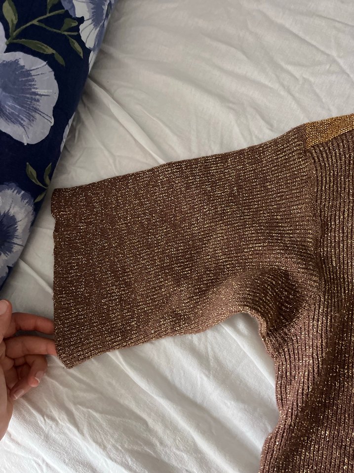 Vintage Kahverengi simli kısa kol Kadın Kazak - Görsel 5