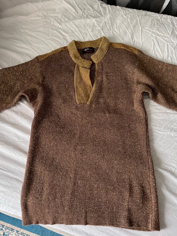 Vintage Kahverengi simli kısa kol Kadın Kazak - Görsel 3