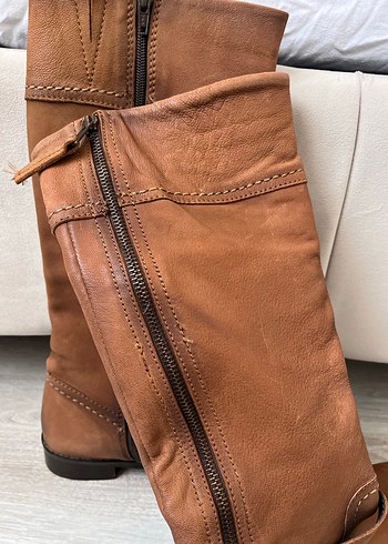 Vintage Y2K Kahverengi Tokalı Deri Kadın Dizüstü Bot - Görsel 8