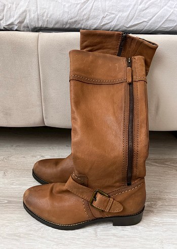 Vintage Y2K Kahverengi Tokalı Deri Kadın Dizüstü Bot - Görsel 4