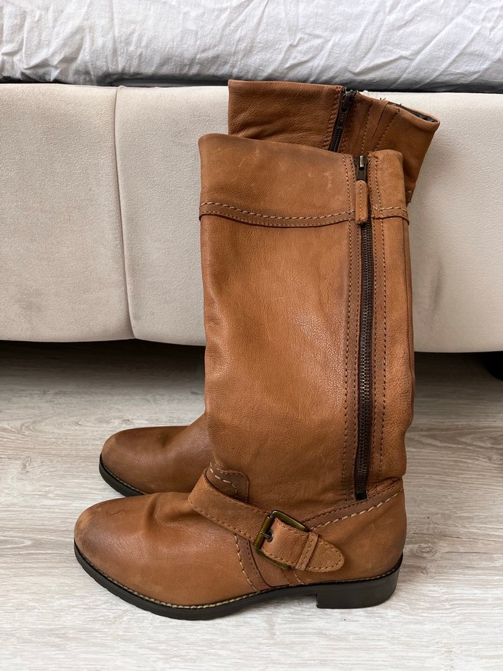 Vintage Y2K Kahverengi Tokalı Deri Kadın Dizüstü Bot - Görsel 4
