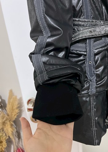 Vintage Y2K Leopar Desenli Siyah Deri Kemerli Kadın Ceket - Görsel 4