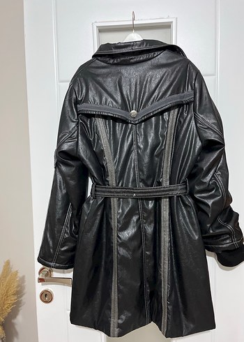 Vintage Y2K Leopar Desenli Siyah Deri Kemerli Kadın Ceket - Görsel 11