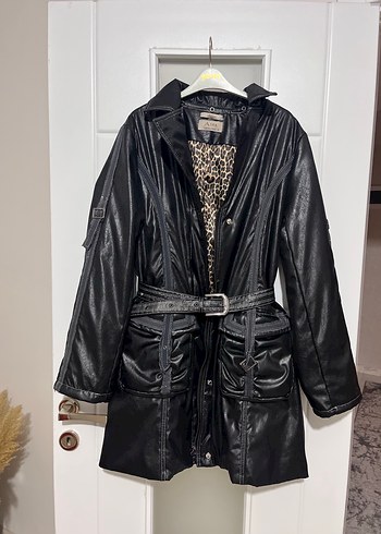 Vintage Y2K Leopar Desenli Siyah Deri Kemerli Kadın Ceket - Görsel 2