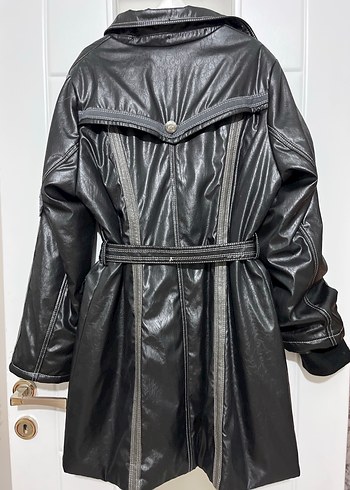 Vintage Y2K Leopar Desenli Siyah Deri Kemerli Kadın Ceket - Görsel 12