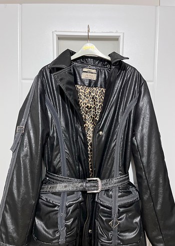 Vintage Y2K Leopar Desenli Siyah Deri Kemerli Kadın Ceket - Görsel 5