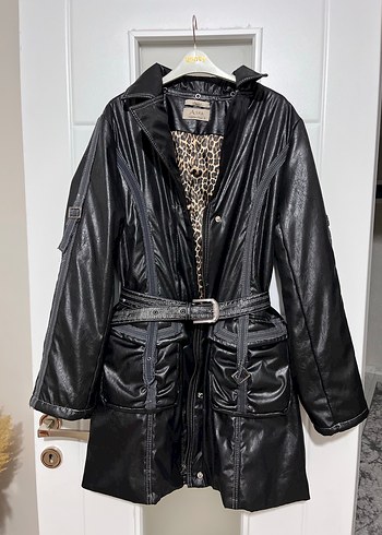Vintage Y2K Leopar Desenli Siyah Deri Kemerli Kadın Ceket - Görsel 6