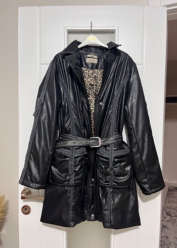 Vintage Y2K Leopar Desenli Siyah Deri Kemerli Kadın Ceket - Görsel 3