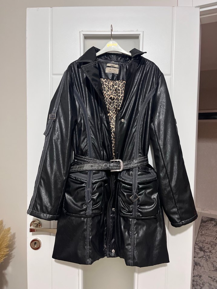 Vintage Y2K Leopar Desenli Siyah Deri Kemerli Kadın Ceket - Görsel 3
