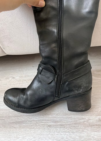 Siyah Deri Tokalı Dizüstü Kadın Çizme - Görsel 6