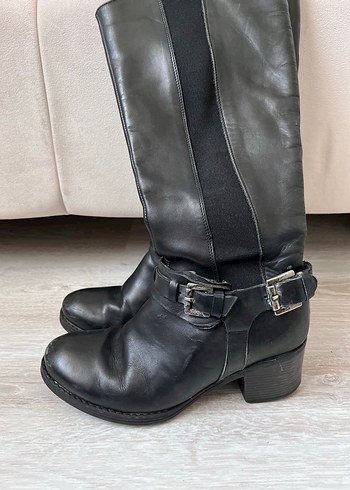Siyah Deri Tokalı Dizüstü Kadın Çizme - Görsel 2