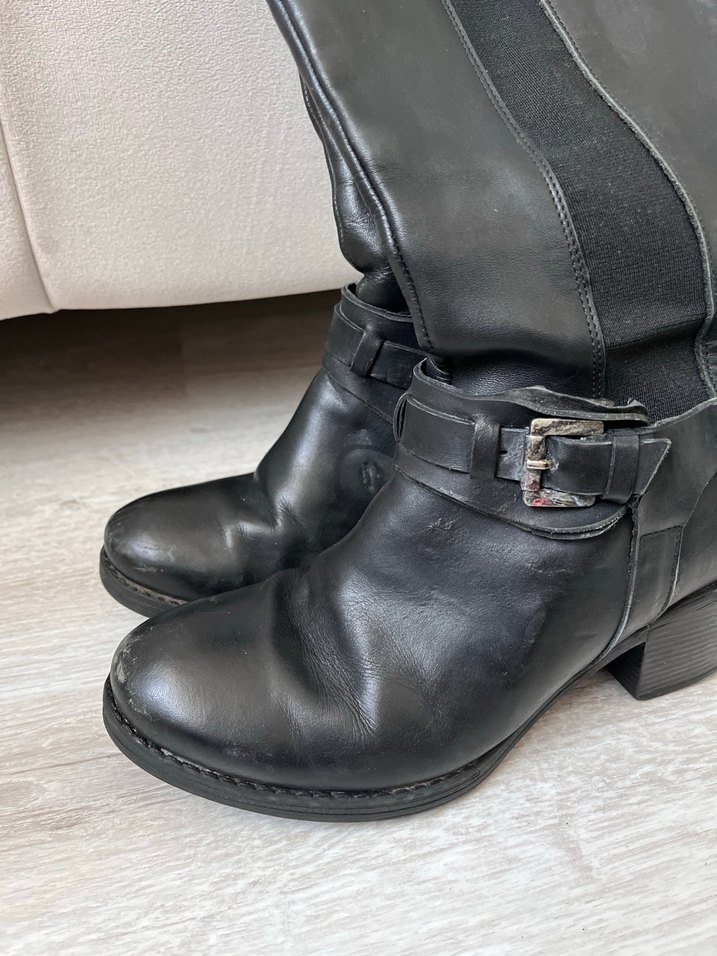 Siyah Deri Tokalı Dizüstü Kadın Çizme - Görsel 3