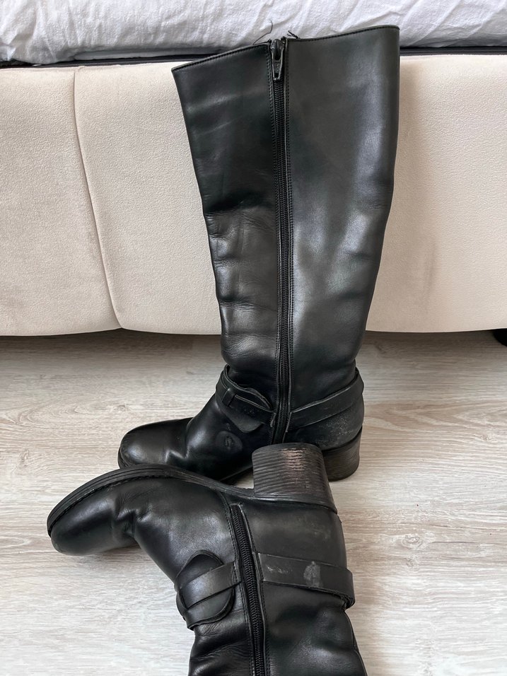 Siyah Deri Tokalı Dizüstü Kadın Çizme - Görsel 4
