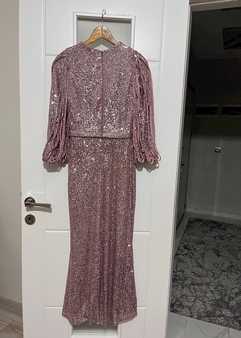 Parlak Pembe taşlı Uzun Kollu Abiye Elbise - Görsel 5