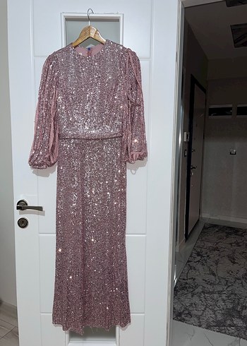 Parlak Pembe taşlı Uzun Kollu Abiye Elbise - Görsel 3