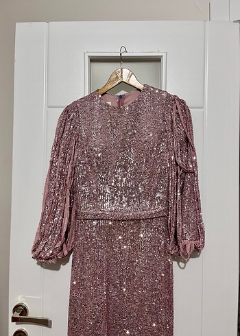 Parlak Pembe taşlı Uzun Kollu Abiye Elbise - Görsel 2