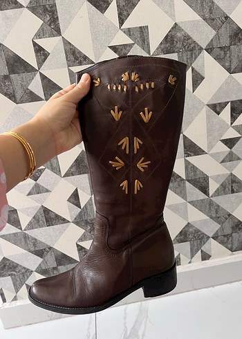 Vintage Kahverengi Nakışlı Deri Kadın Dizüstü Çizme - Görsel 10