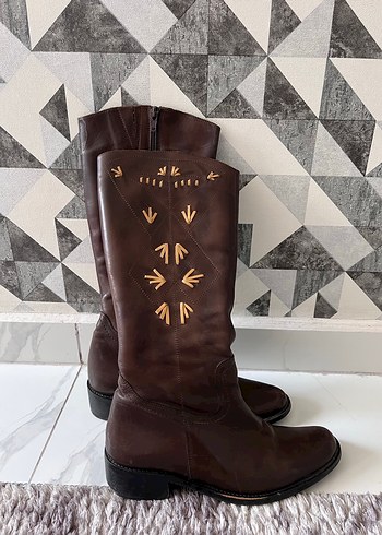 Vintage Kahverengi Nakışlı Deri Kadın Dizüstü Çizme - Görsel 2