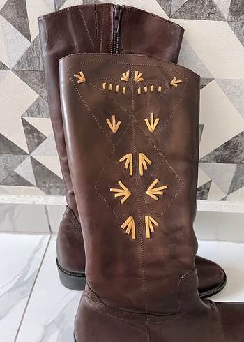 Vintage Kahverengi Nakışlı Deri Kadın Dizüstü Çizme - Görsel 4