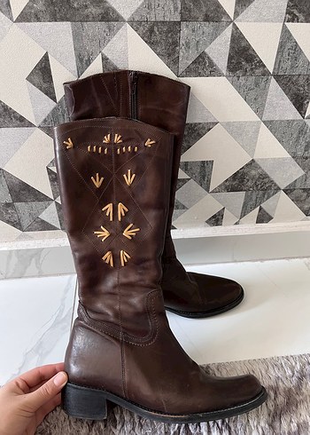 Vintage Kahverengi Nakışlı Deri Kadın Dizüstü Çizme - Görsel 5