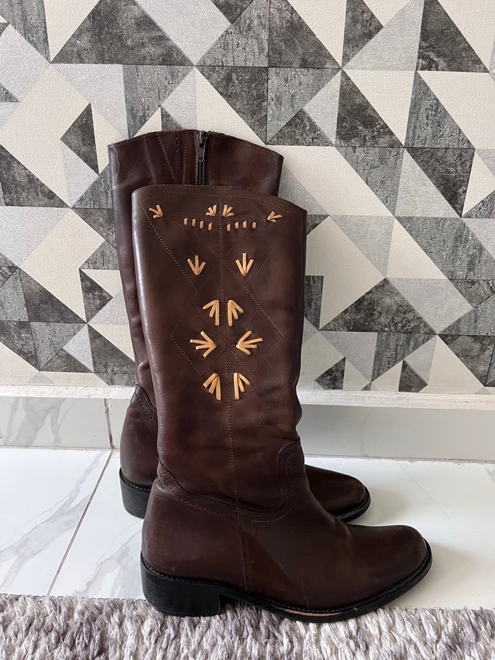 Vintage Kahverengi Nakışlı Deri Kadın Dizüstü Çizme - Görsel 2