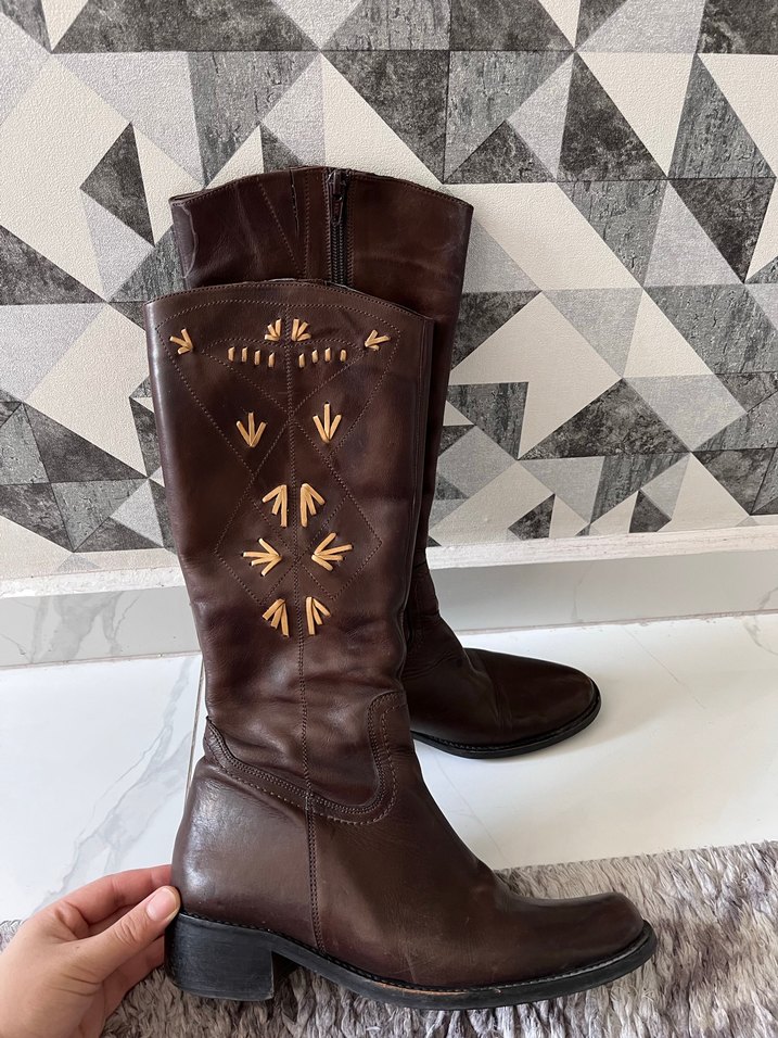 Vintage Kahverengi Nakışlı Deri Kadın Dizüstü Çizme - Görsel 5