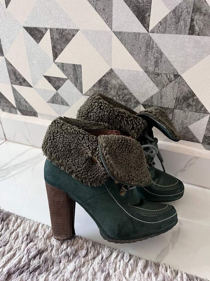 Vintage Gri Yeşil Süet Kürklü Yüksek Topuklu Bot - Görsel 5