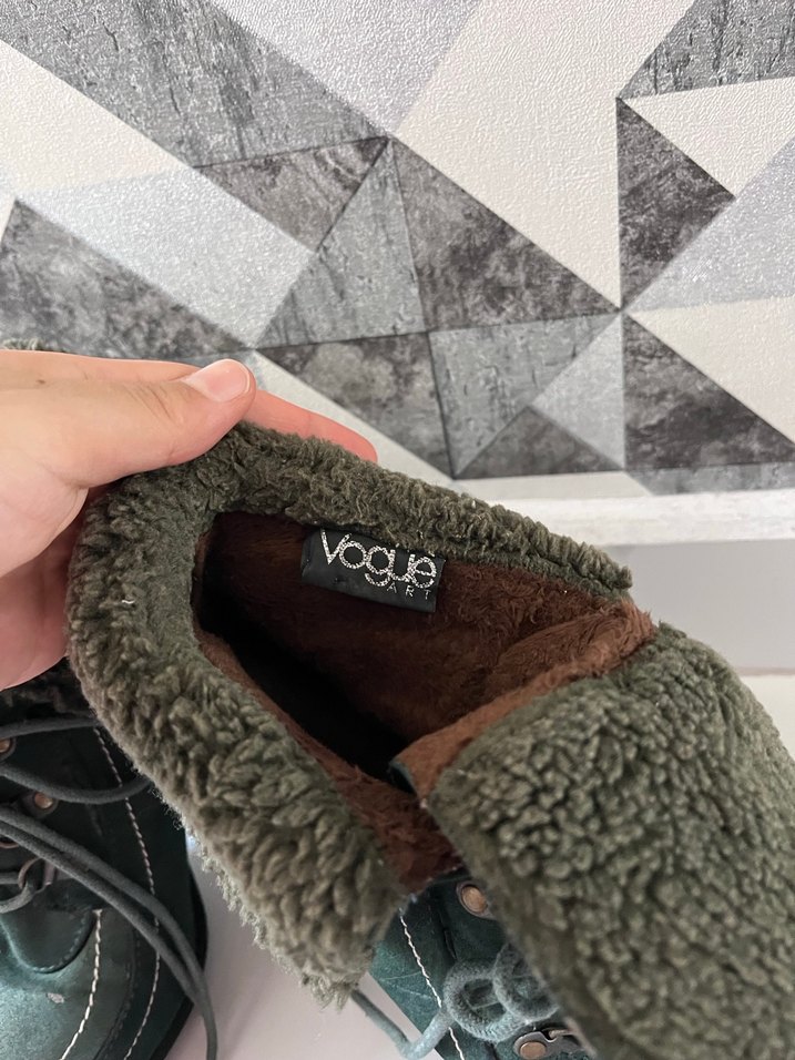 Vintage Gri Yeşil Süet Kürklü Yüksek Topuklu Bot - Görsel 4