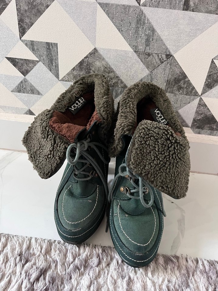 Vintage Gri Yeşil Süet Kürklü Yüksek Topuklu Bot - Görsel 2