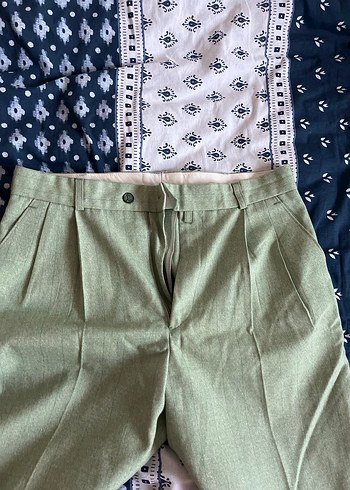 Vintage Düğmeli Salaş Yeşil Keten Kadın Pantolon - Görsel 3