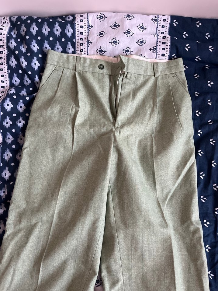 Vintage Düğmeli Salaş Yeşil Keten Kadın Pantolon - Görsel 2