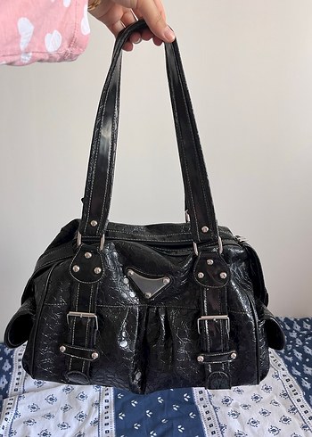 Vintage Y2K Kemer Detaylı Siyah Deri Yılan Desenli Çanta - Görsel 6