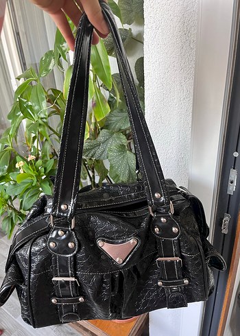 Vintage Y2K Kemer Detaylı Siyah Deri Yılan Desenli Çanta - Görsel 4