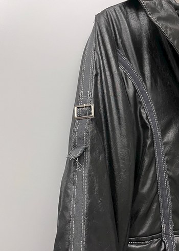 Vintage Y2K Kemerli Siyah Deri Biker Ceket - Görsel 9