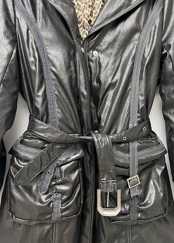 Vintage Y2K Kemerli Siyah Deri Biker Ceket - Görsel 10