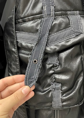 Vintage Y2K Kemerli Siyah Deri Biker Ceket - Görsel 7