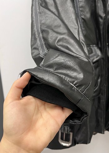 Vintage Y2K Kemerli Siyah Deri Biker Ceket - Görsel 4