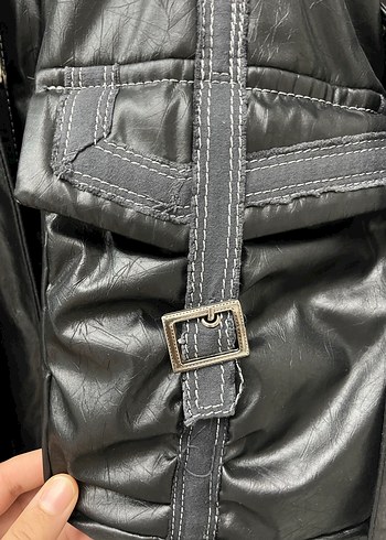 Vintage Y2K Kemerli Siyah Deri Biker Ceket - Görsel 5